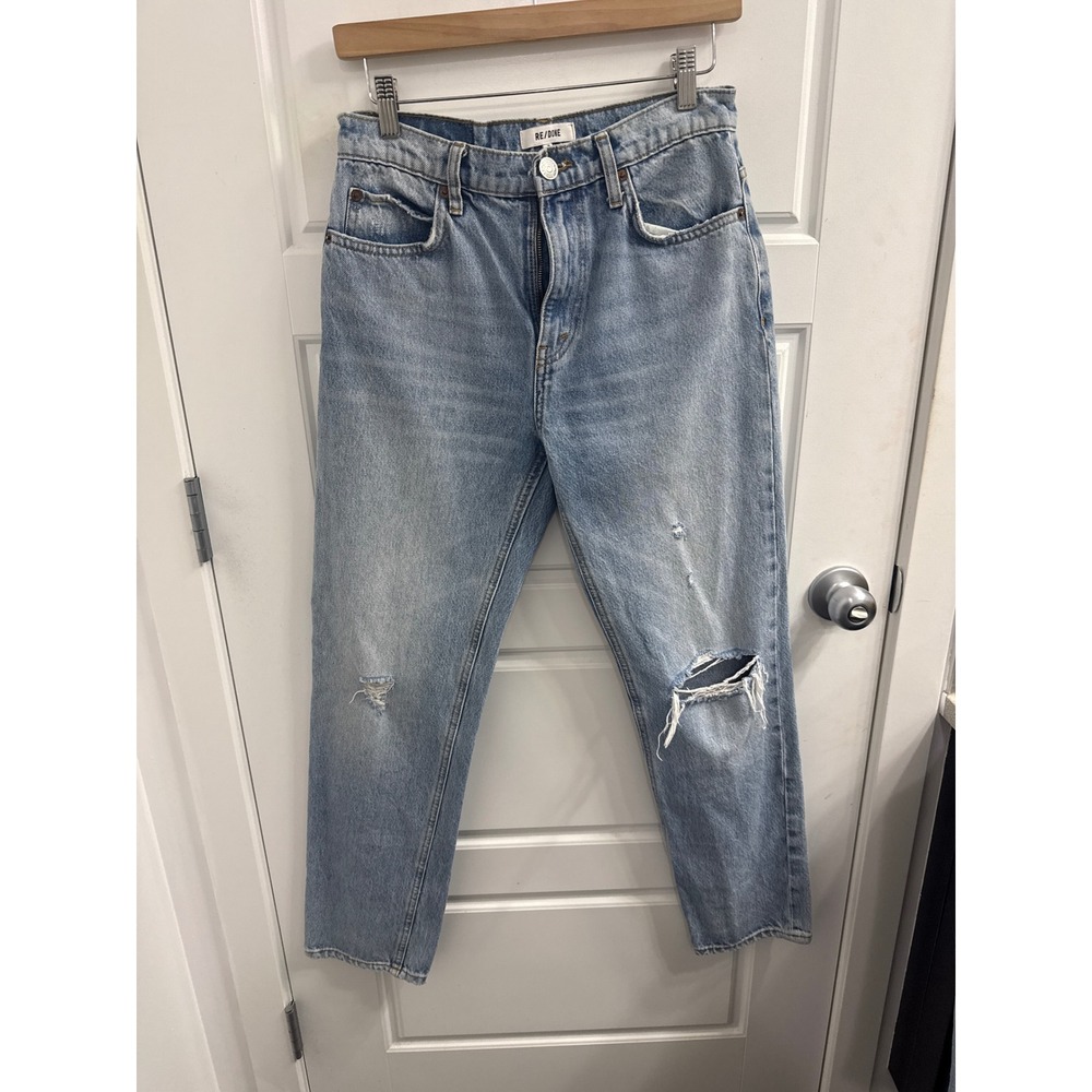 RE/DONE 70's Straight High Rise Distressed Jeans Light Wash Denim Size 28